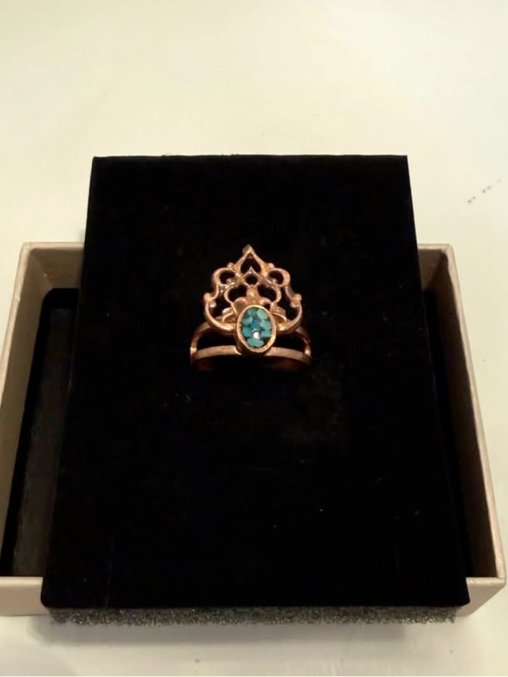 Real Turquoise and Copper Accent Filigree Ring - Rose Gold Tone